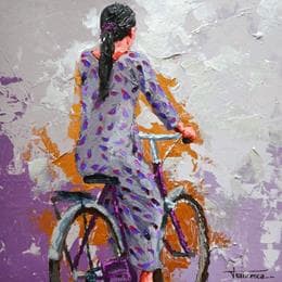Pintura Nepal en bici 2 por Escobar Francesca | Pintura Figurative Acrylic Life style