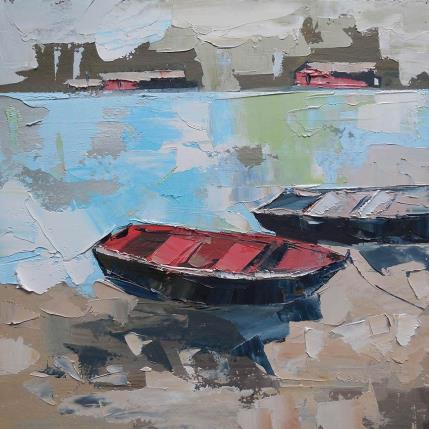 Painting Boat Station by Lunetskaya Elena | Painting Figurative Cardboard, Oil Life style, Marine