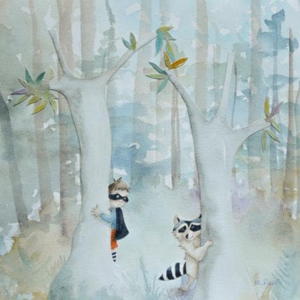 Peinture Raton laveur par Marjoline Fleur | Tableau Art naïf scènes de vie