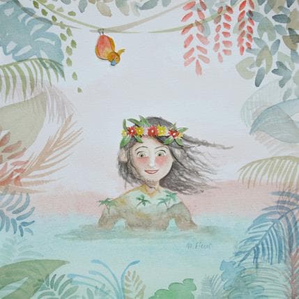 Peinture L'hawaïenne et le perroquet par Marjoline Fleur | Tableau Art naïf scènes de vie