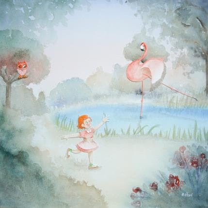 Peinture Le flamant rose et la danseuse par Marjoline Fleur | Tableau Art naïf scènes de vie