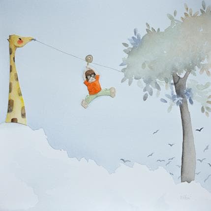 Peinture Au dessus des nuages par Marjoline Fleur | Tableau Art naïf Scènes de vie