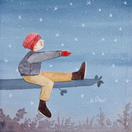 Peinture L'attrapeur de flocons par Marjoline Fleur | Tableau Art naïf scènes de vie