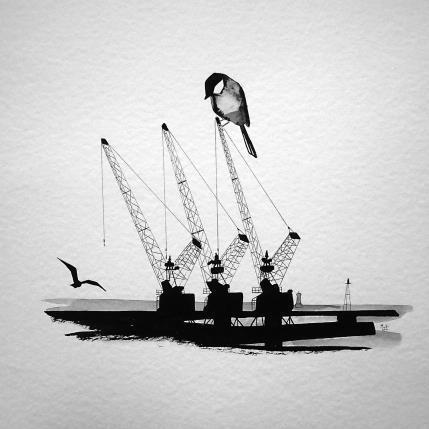 Painting Grues de la digue by Mü | Painting Naive art Animals, Black & White, Marine