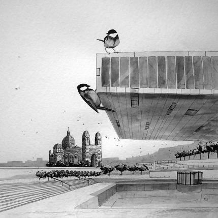 Peinture Villa Méditerranée  par Mü | Tableau Figuratif animaux, noir & blanc, Urbain