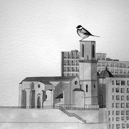 Peinture Église Saint Laurent par Mü | Tableau Art naïf animaux, noir & blanc, Urbain