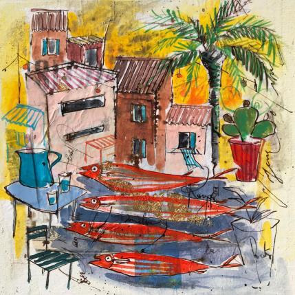 Peinture Bande de sardines par Colombo Cécile | Tableau Figuratif Acrylique, Collage, Encre, Feuille d'or, Pastel Animaux, Marine, Paysages