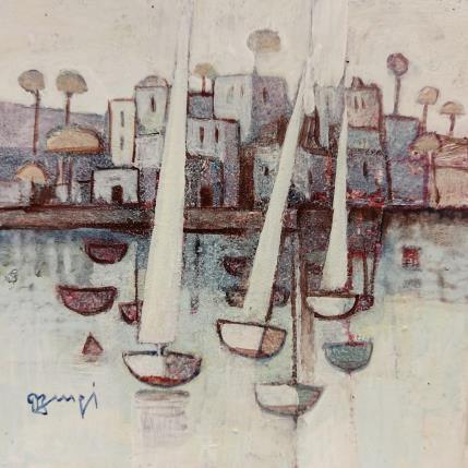 Peinture Le petit port bleu I par Burgi Roger | Tableau Figuratif Marine, Paysages