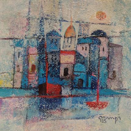 Peinture Ville bleue IV par Burgi Roger | Tableau Figuratif Marine, Paysages