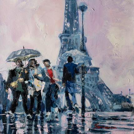 Peinture It rains on the Eiffel Tower par Fran Sosa | Tableau Figuratif Huile Paysages, Scènes de vie, Urbain