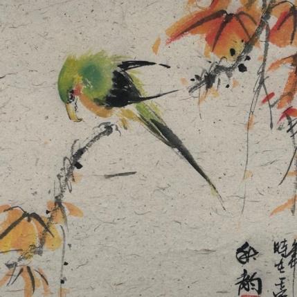 Gemälde Autumn green bird von Yu Huan Huan | Gemälde Figurativ Tinte Tiere