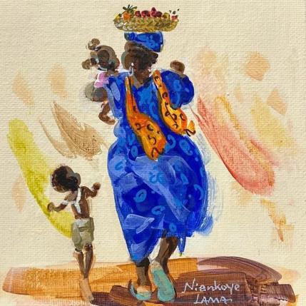 Peinture Dame et Enfants par Lama Niankoye | Tableau Figuratif Acrylique scènes de vie