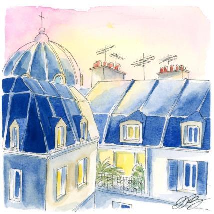 Peinture Toits au lever par Balme Delphine | Tableau Art naïf Aquarelle scènes de vie, Urbain