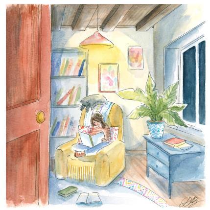 Peinture La petite lectrice 2 par Balme Delphine | Tableau Art naïf Aquarelle scènes de vie