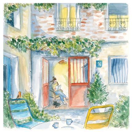Peinture Lecture cachée par Balme Delphine | Tableau Art naïf Aquarelle scènes de vie