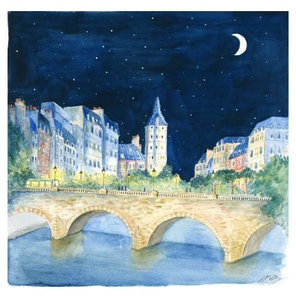 Peinture Pont de nuit par Balme Delphine | Tableau Art naïf Aquarelle Paysages, scènes de vie, Urbain
