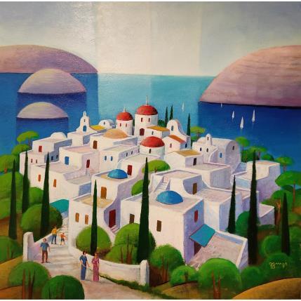 Peinture Village grec AO 140 par Burgi Roger | Tableau Figuratif Marine, Paysages, Urbain