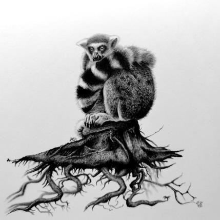 Peinture Lémurien sur un arbre par K'Arts | Tableau Figuratif Fusain Animaux, Noir & blanc, Scènes de vie