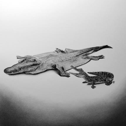 Peinture Crocodile par K'Arts | Tableau Figuratif Fusain Animaux, Noir & blanc, Scènes de vie