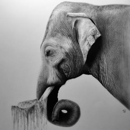Peinture Eléphant par K'Arts | Tableau Figuratif Fusain Animaux, Noir & blanc, Scènes de vie