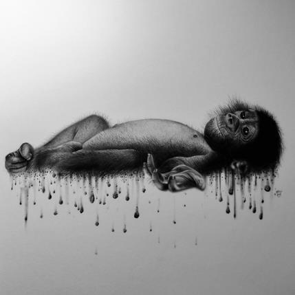 Peinture Bonobo par K'Arts | Tableau Figuratif Fusain Animaux, Noir & blanc, Scènes de vie