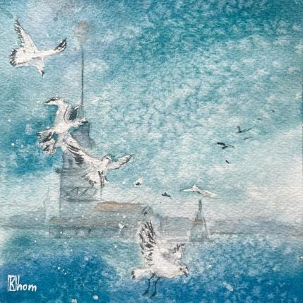 Peinture Seagulls on the sea par Lida Khomykova | Tableau Figuratif Aquarelle Marine, Paysages