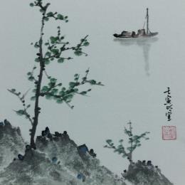 Peinture Boat on lake par Du Mingxuan | Tableau Figuratif Aquarelle, Encre Nature, Paysages, Scènes de vie