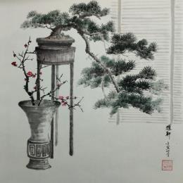 Gemälde Bonsai and vase von Du Mingxuan | Gemälde Figurativ Aquarell, Tinte Stillleben