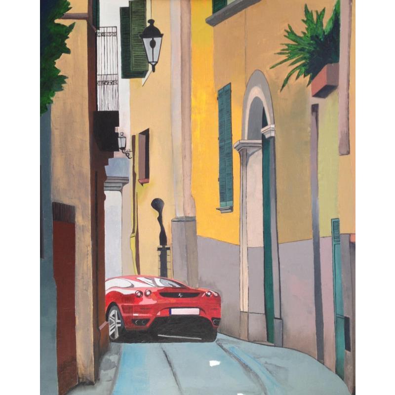 Peinture Ferrari dans ruelle Italienne par Du Planty Anne | Tableau Figuratif Huile Urbain