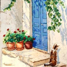 Pintura EL GATO ESPERA por Escobar Francesca | Pintura Figurative Acrylic, Wood Life style