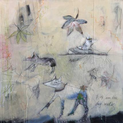 Peinture 7:15 AM the dog walk par Colin Sylvie | Tableau Art Singulier Acrylique, Collage, Pastel Animaux