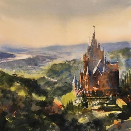 Peinture Soirée au Château par Jones Henry | Tableau Figuratif Aquarelle Paysages, Urbain