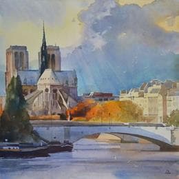 Pintura Paris J3 por Khodakivskyi Vasily | Pintura Figurative Watercolor Urban