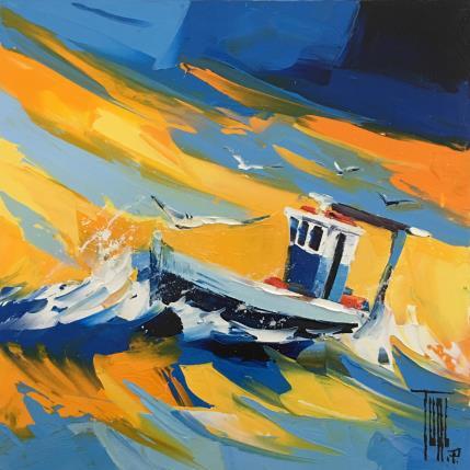 Peinture Le Chalutier par Tual Pierrick | Tableau Figuratif Carton, Huile Marine