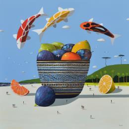 Painting Coupe de fruits et carpes koï by Lionnet Pascal | Painting Surrealism Acrylic Animals, Marine, Still-life