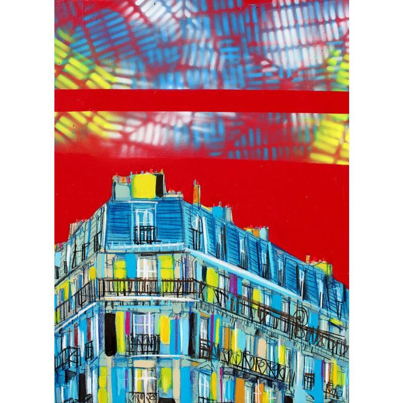 Peinture Le printemps s'amuse aux balcons par Anicet Olivier | Tableau Figuratif Acrylique Urbain