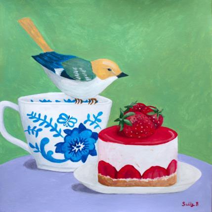 Peinture Oiseau sur une tasse avec gâteau fraise par Sally B | Tableau Art Singulier Acrylique Animaux, Natures mortes
