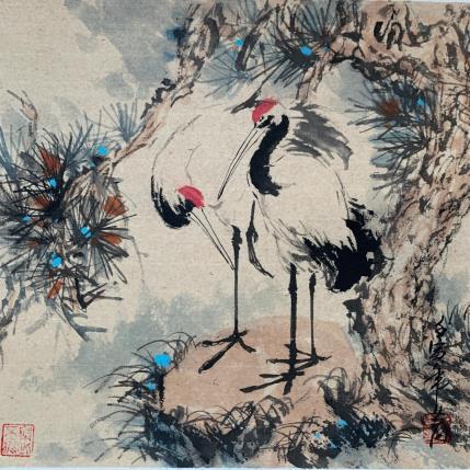 Peinture Cranes par Yu Huan Huan | Tableau Figuratif Aquarelle, Encre Animaux, Nature
