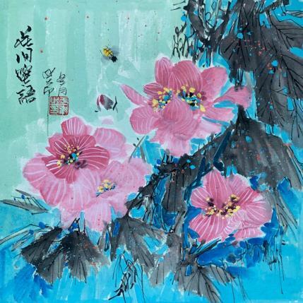 Painting Bees talk in Flowers by Yu Huan Huan | Painting Figurative Ink, Watercolor Animals, Still-life