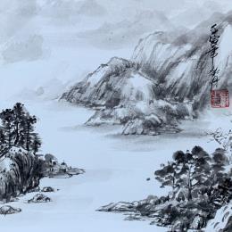 Peinture Lakeside 3 par Yu Huan Huan | Tableau Figuratif Encre Noir & blanc, Paysages