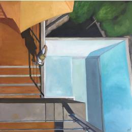 Painting Pool and boy by Laplane Marion | Painting Realism Oil Architecture, Child, Life style