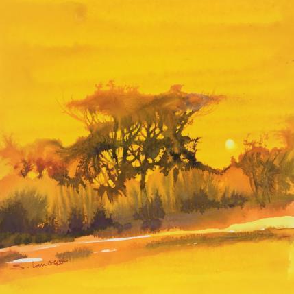 Peinture Coucher de soleil jaune par Langeron Stéphane | Tableau Figuratif Aquarelle Paysages