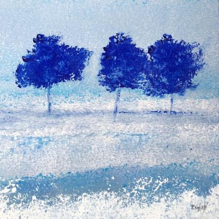 Peinture Trois arbres bleus par Escolier Odile | Tableau Figuratif Acrylique, Carton, Sable Paysages