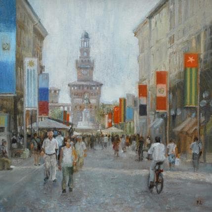 Peinture Central street of Milan par Lokotska Katie  | Tableau Figuratif Huile Urbain