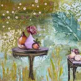 Gemälde Spring leaf von Romanelli Karine | Gemälde Figurativ Collage Landschaften, Stillleben