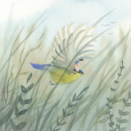 Peinture L'enfant masqué et la mésange par Marjoline Fleur | Tableau Figuratif Aquarelle Animaux, Paysages, Scènes de vie