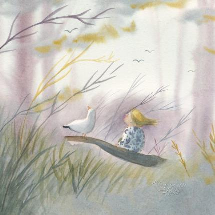 Peinture La fillette et la mouette par Marjoline Fleur | Tableau Figuratif Aquarelle Animaux, Enfant, Nature