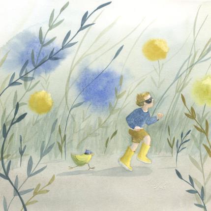 Peinture Courir au milieu des fleurs jaunes par Marjoline Fleur | Tableau Figuratif Aquarelle Animaux, Paysages, Scènes de vie