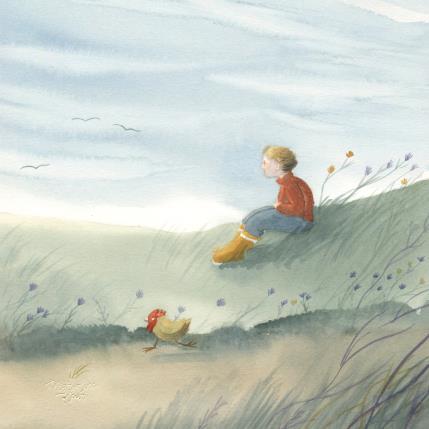 Peinture Fillette et poulette dans les champs par Marjoline Fleur | Tableau Figuratif Aquarelle Animaux, Paysages, Scènes de vie