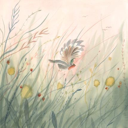 Peinture Vol à dos de rouge-gorge par Marjoline Fleur | Tableau Figuratif Aquarelle Animaux, Paysages